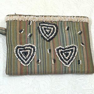 Handmade Beaded Hearts Striped Metallic Fabric Purse Pouch Bag 5.5"x3.75"